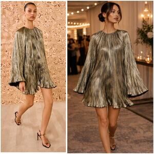 Ulla Johnson Claire Pleated Mini Dress Lumen Metallic Long Sleeve NWT Size 12